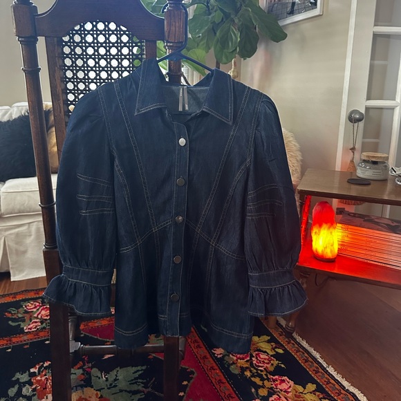 Anthropologie Dark Blue Jean Jacket with Puff Sleeves - Picture 2 of 4